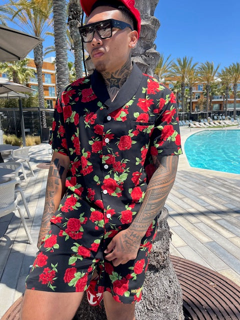 Red Roses Aloha TUX Shirt - BLACK/RED