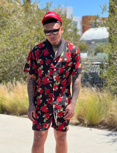 Red Roses Aloha TUX Shirt - BLACK/RED